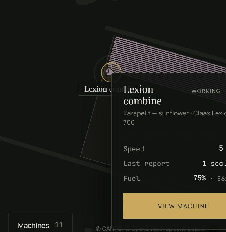 The live map: a moving machine with its trail for the day and two dimmed machines nearby.